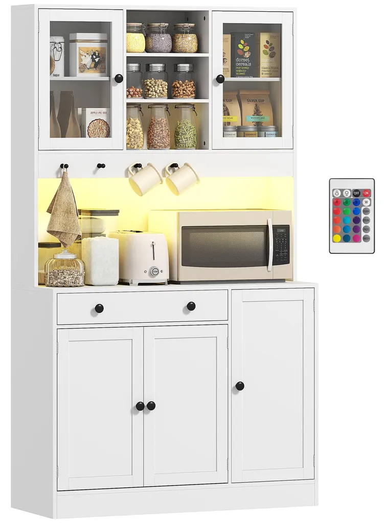 Buffet vitrine blanc avec éclairage LED et tiroir central pour la maison
