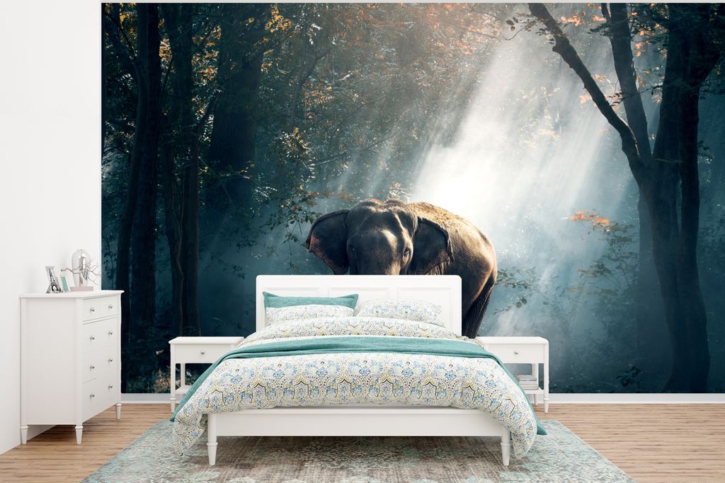 MuchoWow Fototapete für Wohnzimmer oder Schlafzimmer Wandtapete Vinyl Motivtapete Elefant - Tiere - Licht - Wald - Natur - Wildtiere - 320x240 c...