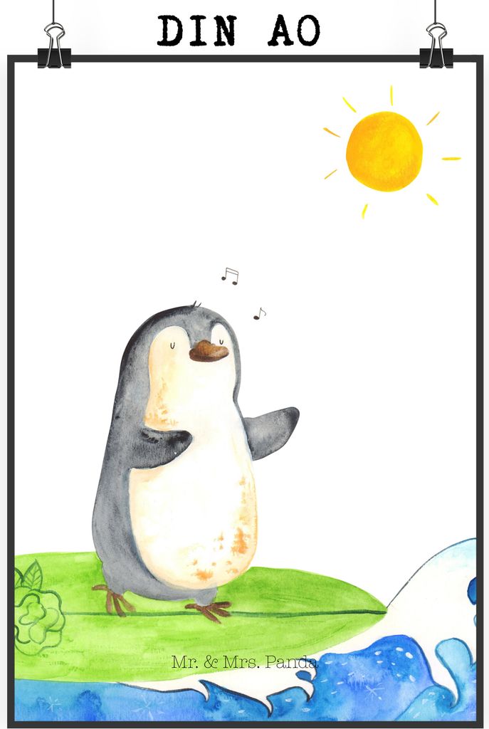 Mr. & Mrs. Panda Bild Pinguin Surfer DIN A0 - Weiß - Geschenk, Portugal, Urlaub, Hawaii, wanddeko, drucke, Plakat, Deko, Motiviert, Optimistisch, ...