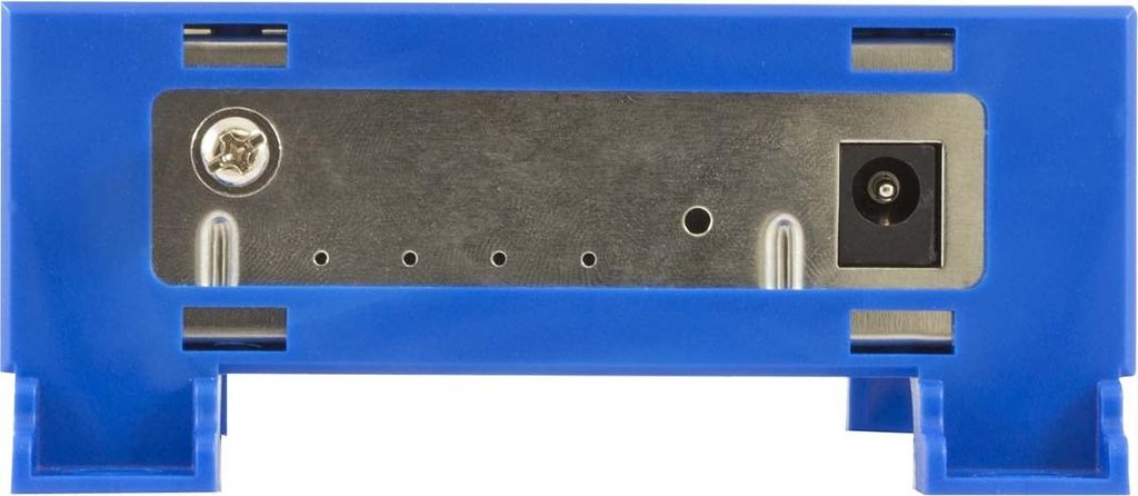 The back of a blue electronic device with a metal plate and connectors.