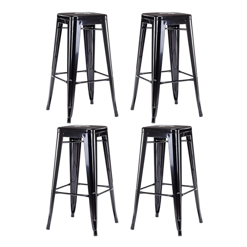 Four black metal bar stools arranged in a 2x2 grid against a white background.