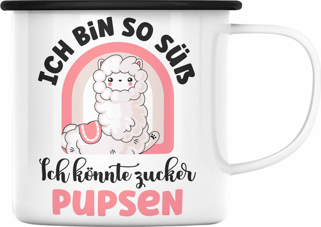Trendation - Geschenk für beste Freundin Emaille Tasse Alpaka Llama Emaille Tasse mit Spruch Ich Bin So Süß Ich Könnte Zucker Pupsen Geschenkid...