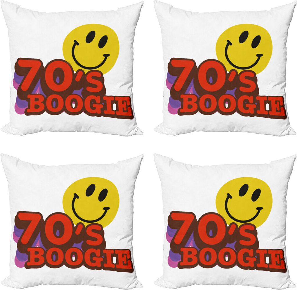 ABAKUHAUS 70s-Party Kissenbezug Set (4 Stück), 70s Boogie Lustiger Emoticon, Moderner Doppelseitiger Digitaldruck, 45 cm x 45 cm, Gelb Rot Violett