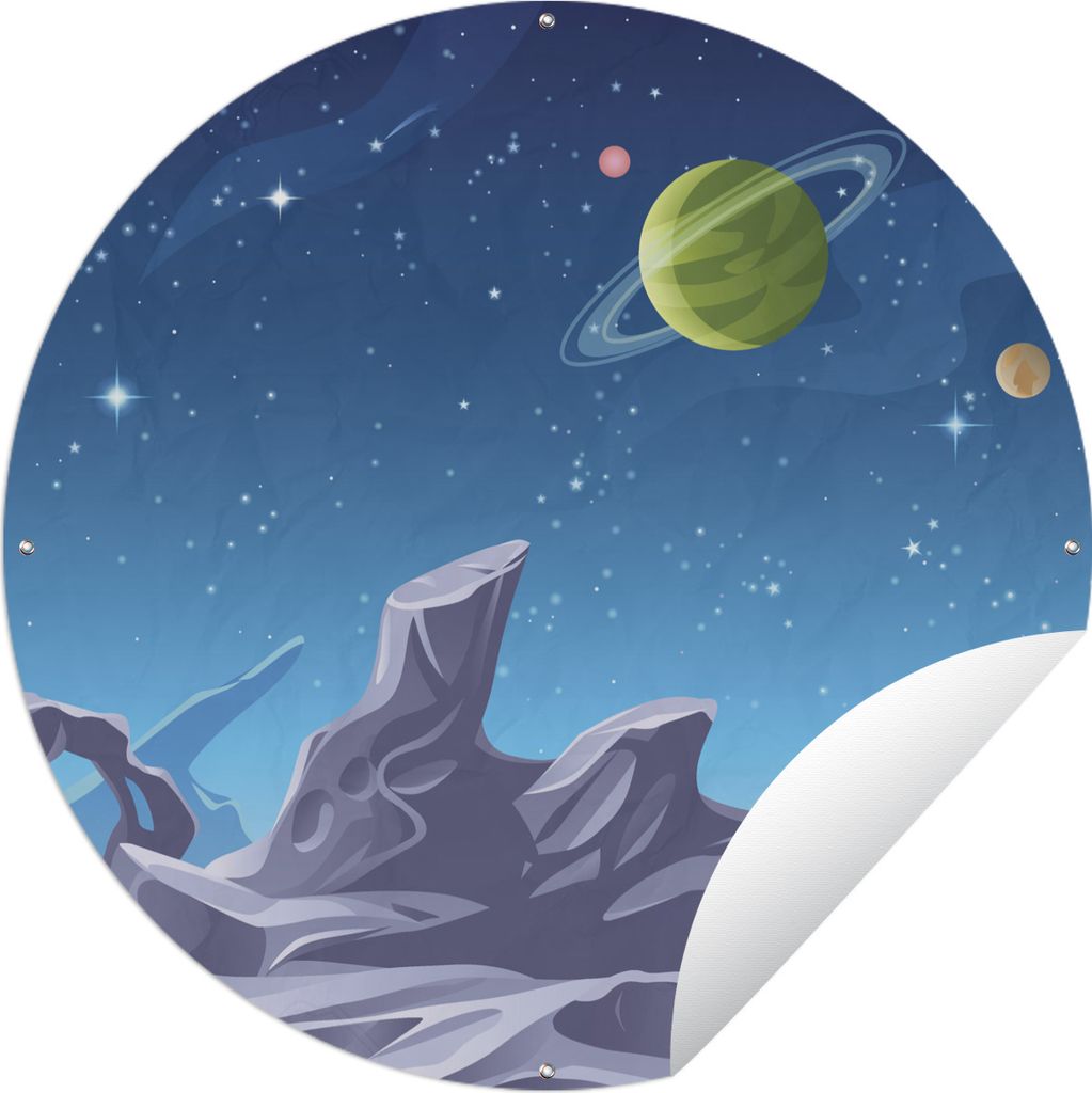 MuchoWow Gartenposter Outdoor-Poster Rund Eine Illustration der Mondoberfläche mit sichtbaren Planeten Ø 90 cm Gartendeko Rundes Poster draußen