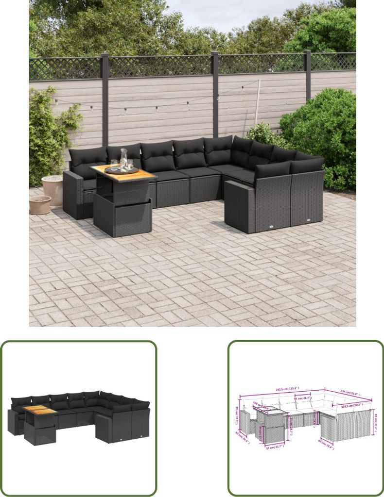 The Living Store 10-tlg. Garten-Sofagarnitur mit Kissen Schwarz Poly Rattan