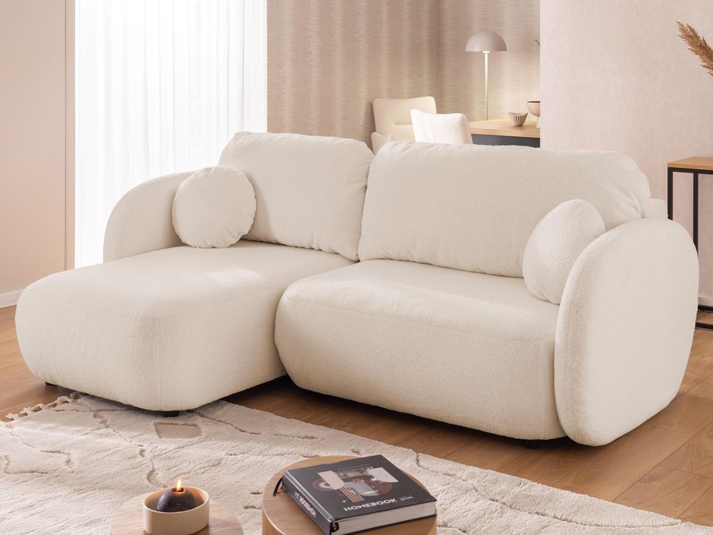 Candy - Modernes Ecksofa L-Form mit Schlaffunktion und Stauraum aus Hellbeige Bouclé-Stoff mit abgerundetem Design und hohem Sitzkomfort