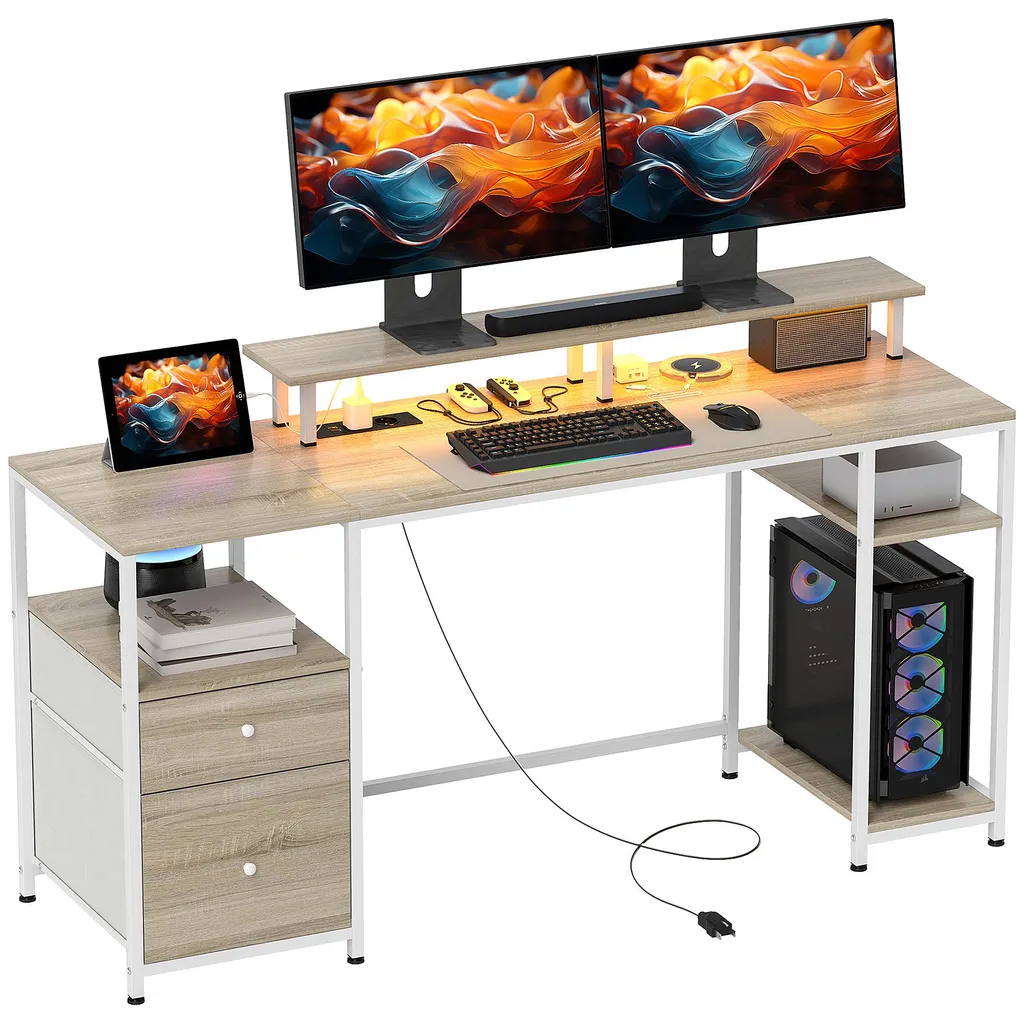 Bureau de Télétravail LED et USB 155cm pour Setup Gamer et Bureautique