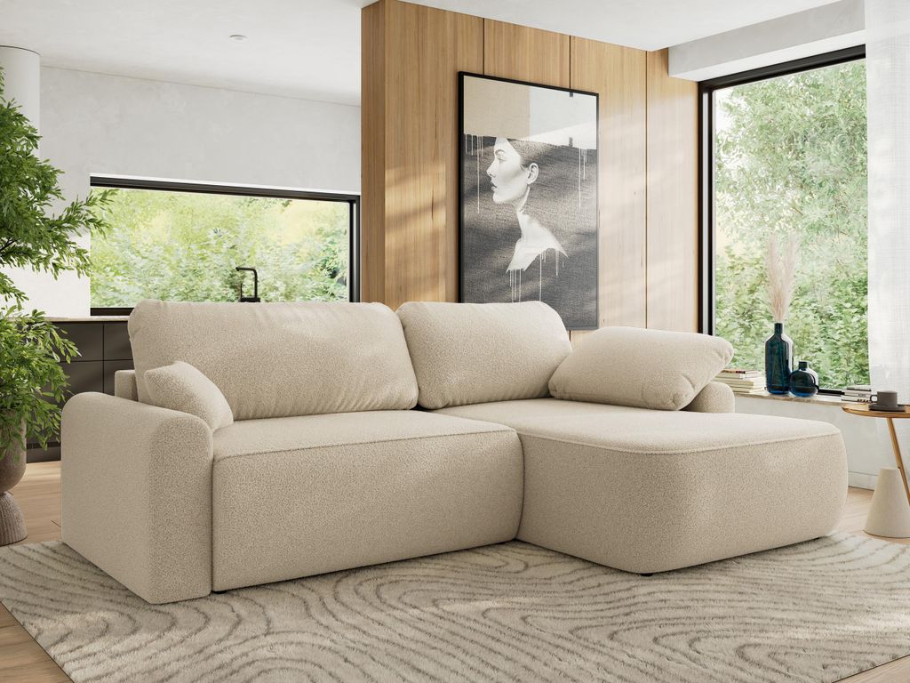 MKS MEBLE Ecksofa CUBO L-form, lose Kissen, Ecksofa 273x187x100 cm mit Schlaffunktion, Bettkasten - Beige Boucle - Rechts Seite