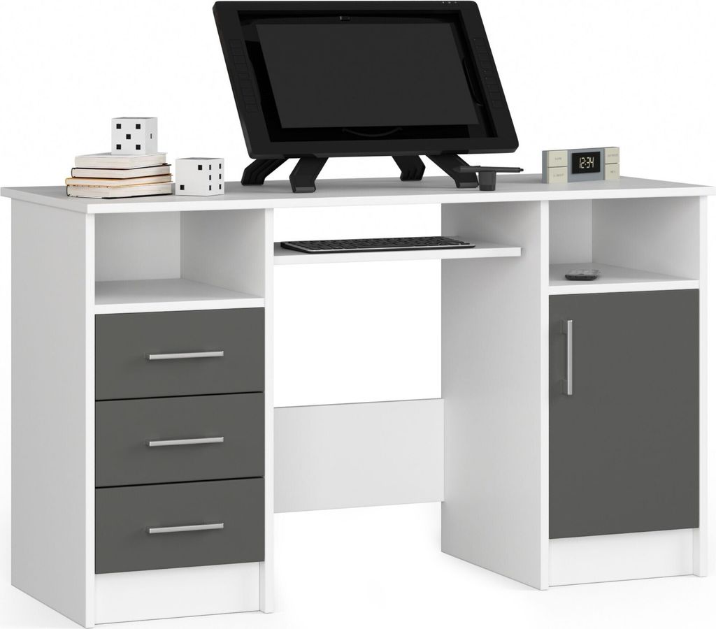 A white and gray computer desk with a monitor, keyboard, and drawers.