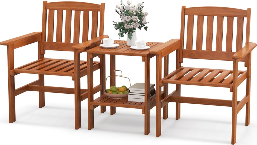 A wooden bistro set with two chairs and a table, set against a white background.