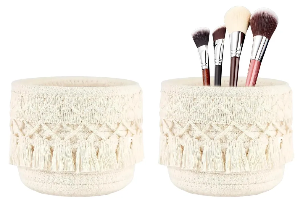 Porte-pinceaux bohème tressé 10cm : duo de rangement déco pour table