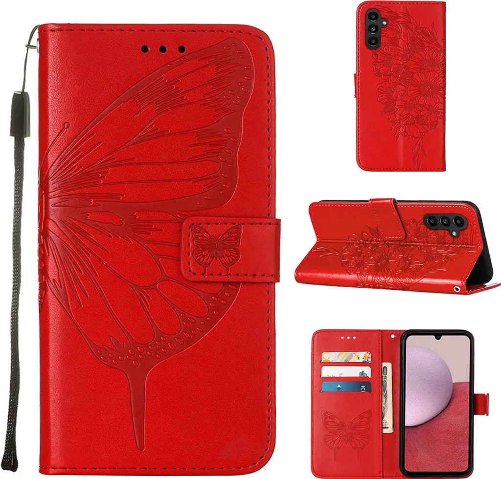 Custodia per Samsung Galaxy A25 5G Butterfly Relief Custodia in pelle con tasca per carte e supporto rosso