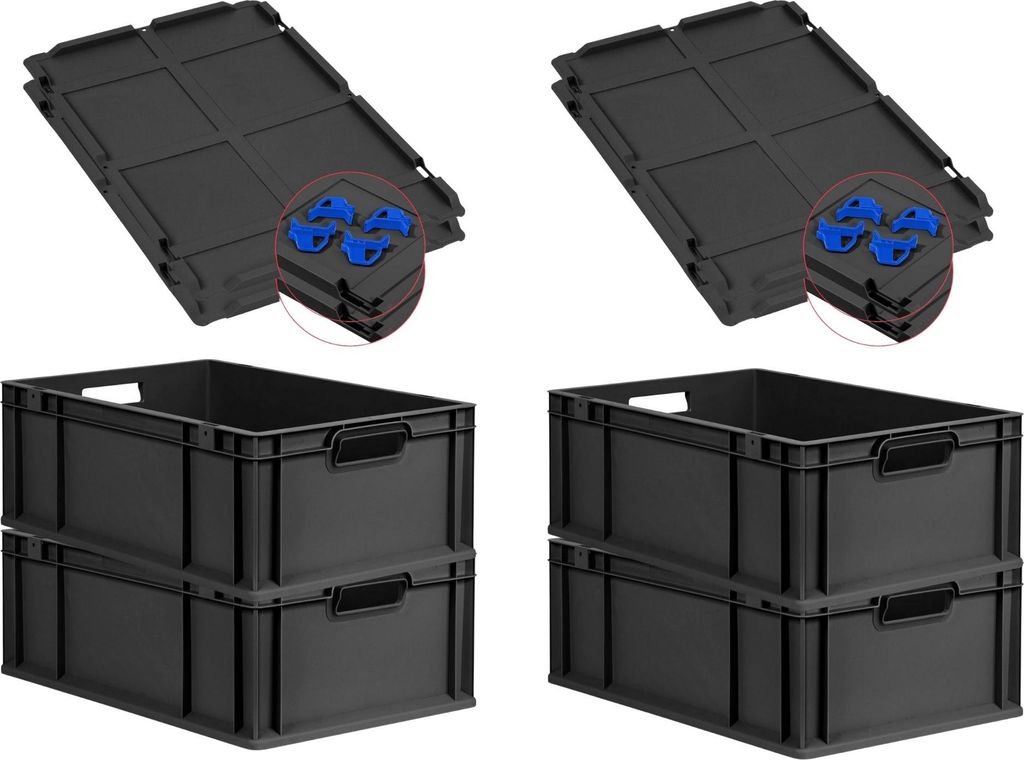 SuperSparSet 4x Eurobox NextGen Grip mit Auflagedeckel inkl. 4 blauen Schiebeschnappverschlüssen | HxBxT 22x40x60cm | 44 Liter | Schwarz | Griffe ...
