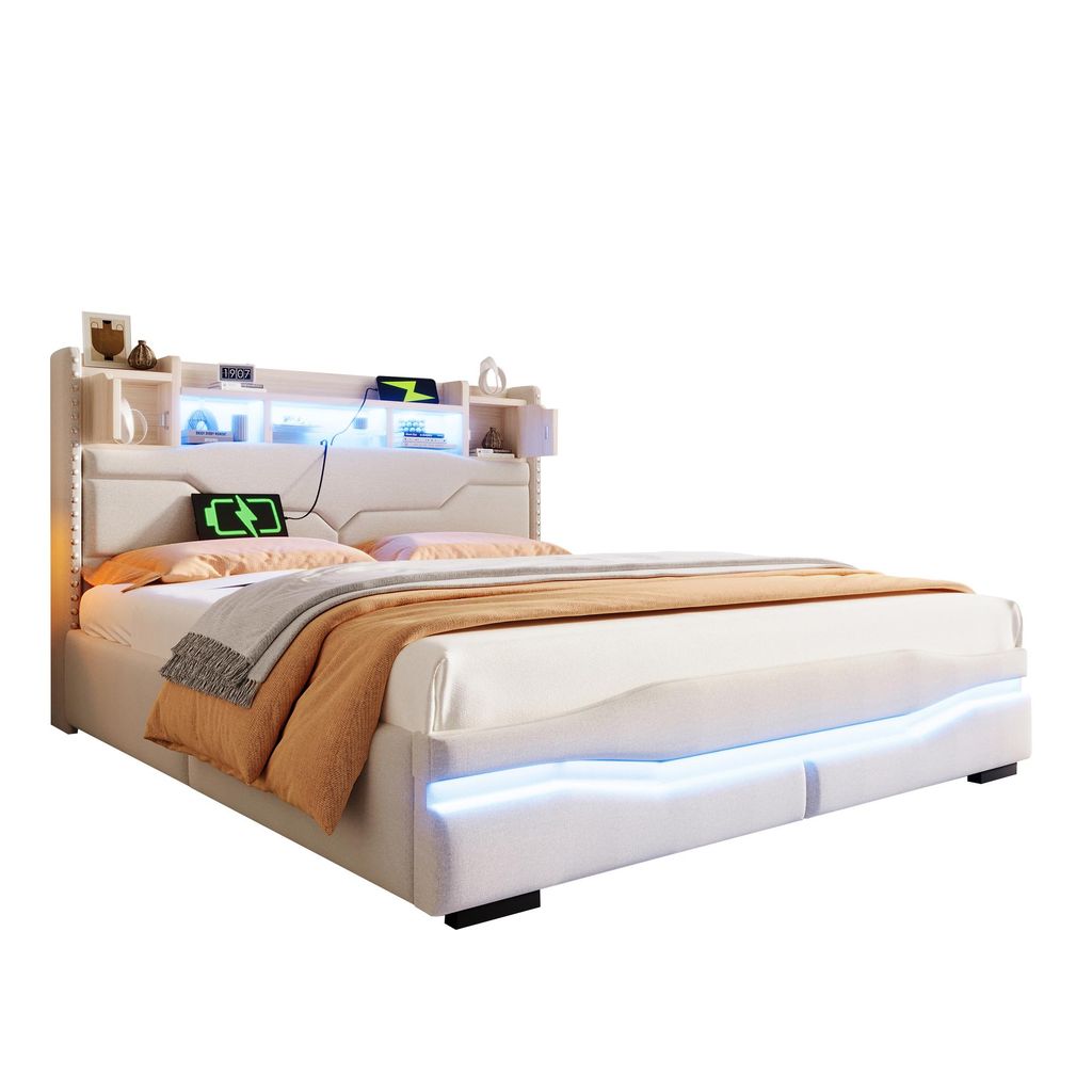 Polsterbett, 160x200cm,mit UsB c steckdose Ladefunktion,ferngesteuerte Ambiente-Lichtleiste unter dem Bett, Kopfteil mit Staufach, Hydraulisch Stau...