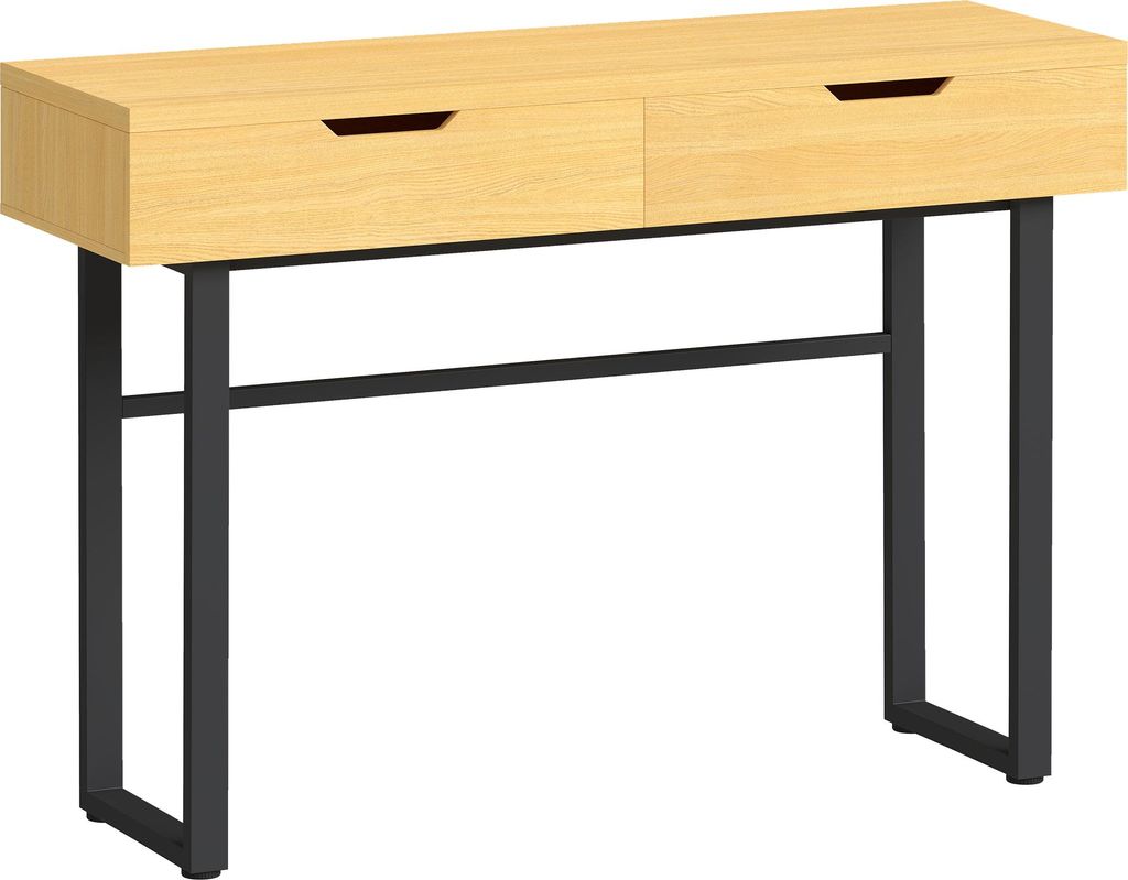 Konsolentisch Schmaler Flurtisch mit 2 Schubladen, Metallrahmen, für Flur 110 x 35 x 76,5 cm Natur