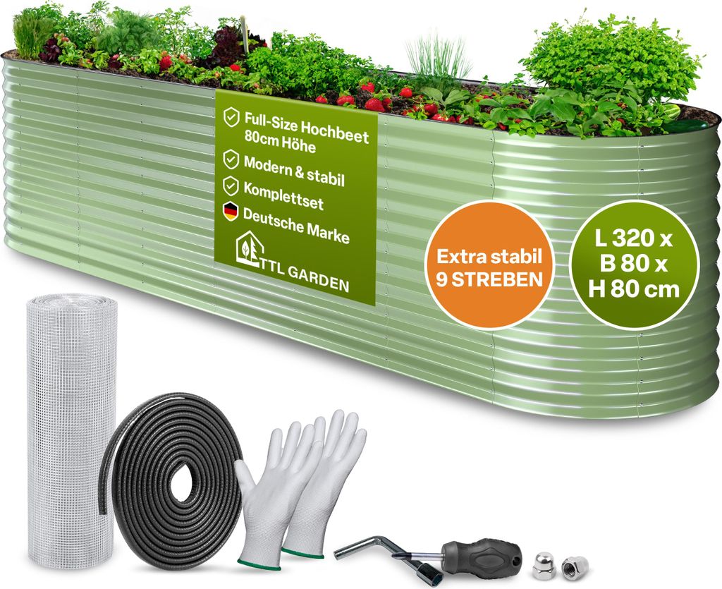 TTL GARDEN Hochbeet Nature XL 320×80×80 cm – Metall Produktbild 