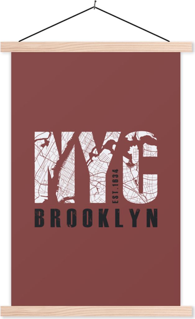 MuchoWow Textilposter New York - NYC - Karte 40x60 cm mit holzfarbenen Rahmen - Poster
