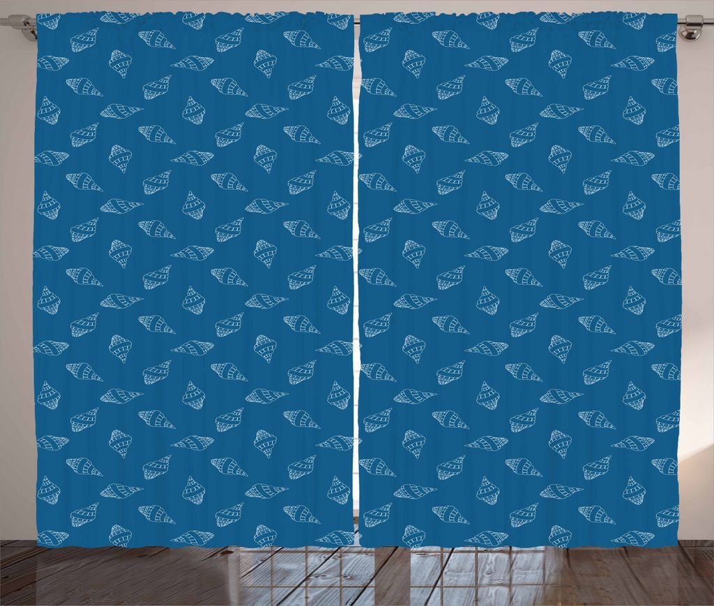 ABAKUHAUS Blau und weiß Rustikaler Gardine, Spiral Muscheln, Schlafzimmer Kräuselband Vorhang mit Schlaufen und Haken, 280 x 225 cm, Weiß und Blau