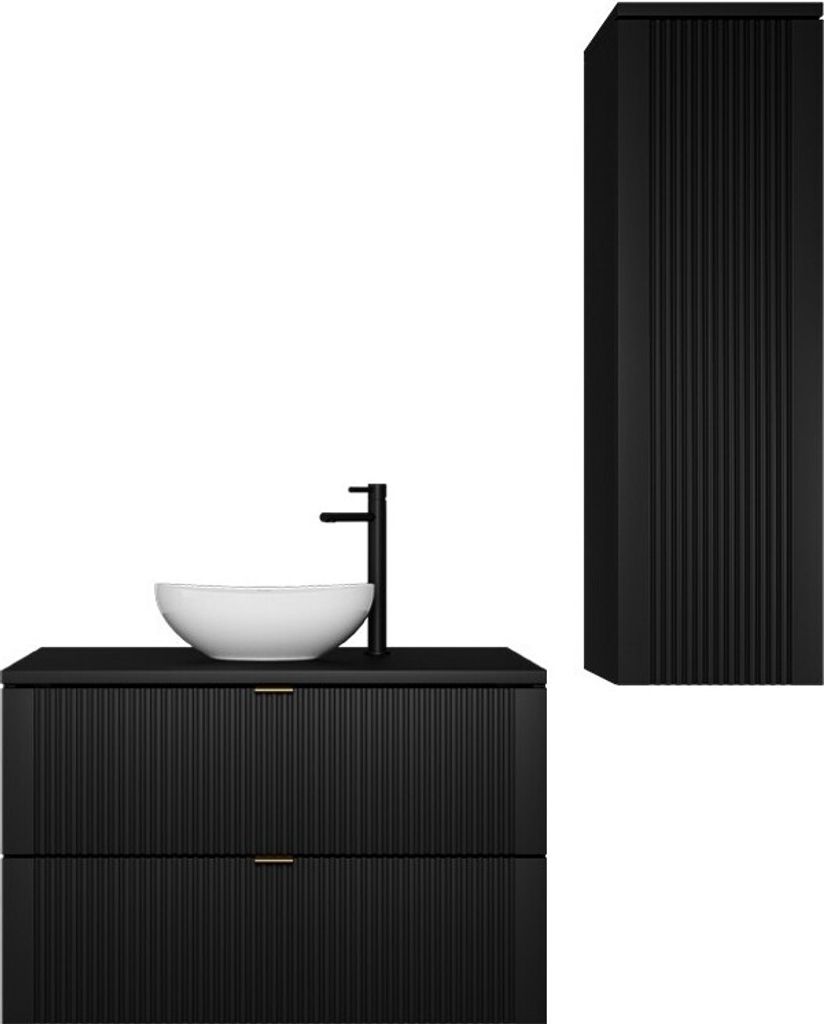 Easy4You Schwarz mit Goldgriffe Unterschrank DAKI 80 cm mit 2 Schubladen + Hängeschranke 30x100 cm Badschrank Badezimmerschrank Seitenschrank Geri...