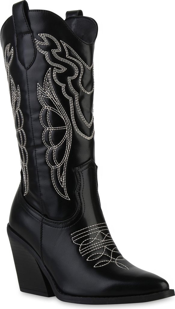 VAN HILL Damen Cowboystiefel Stiefel Spitze Stickereien Western Schuhe 840906, Farbe: Schwarz, Größe: 36