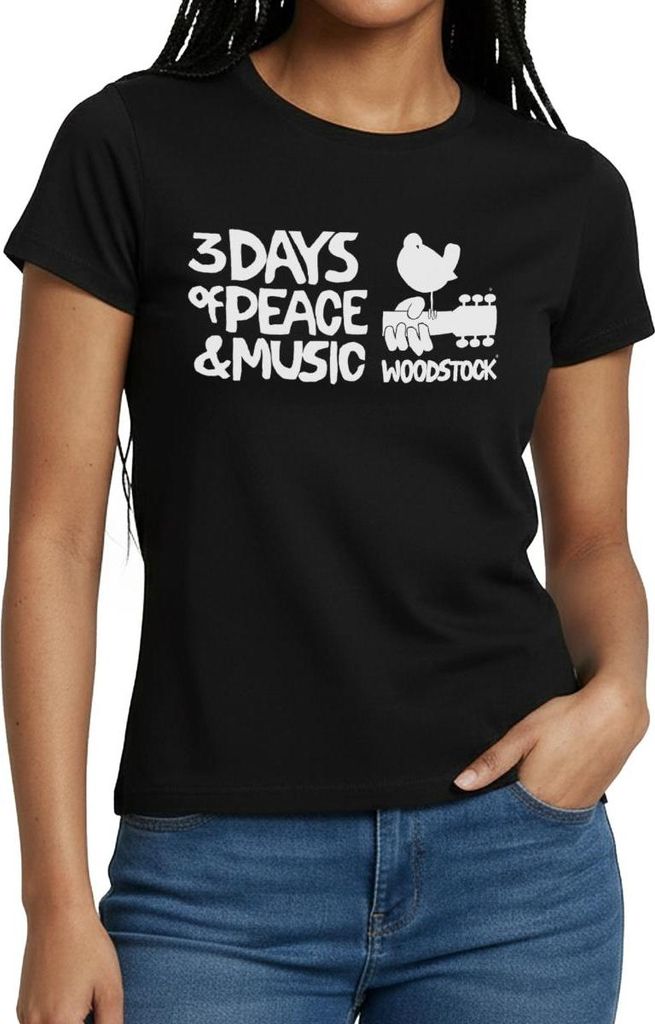 Spreadshirt Woodstock Logo Weiß 3 Days Of Peace & Music Frauen T-Shirt, S, Schwarz