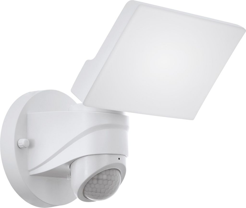 A white outdoor light fixture with a motion sensor, shown against a white background.