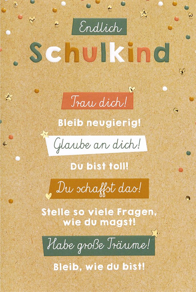 Schulanfang Karte mit Umschlag, unverpackt, Endlich Schulkind Besten Wünsche