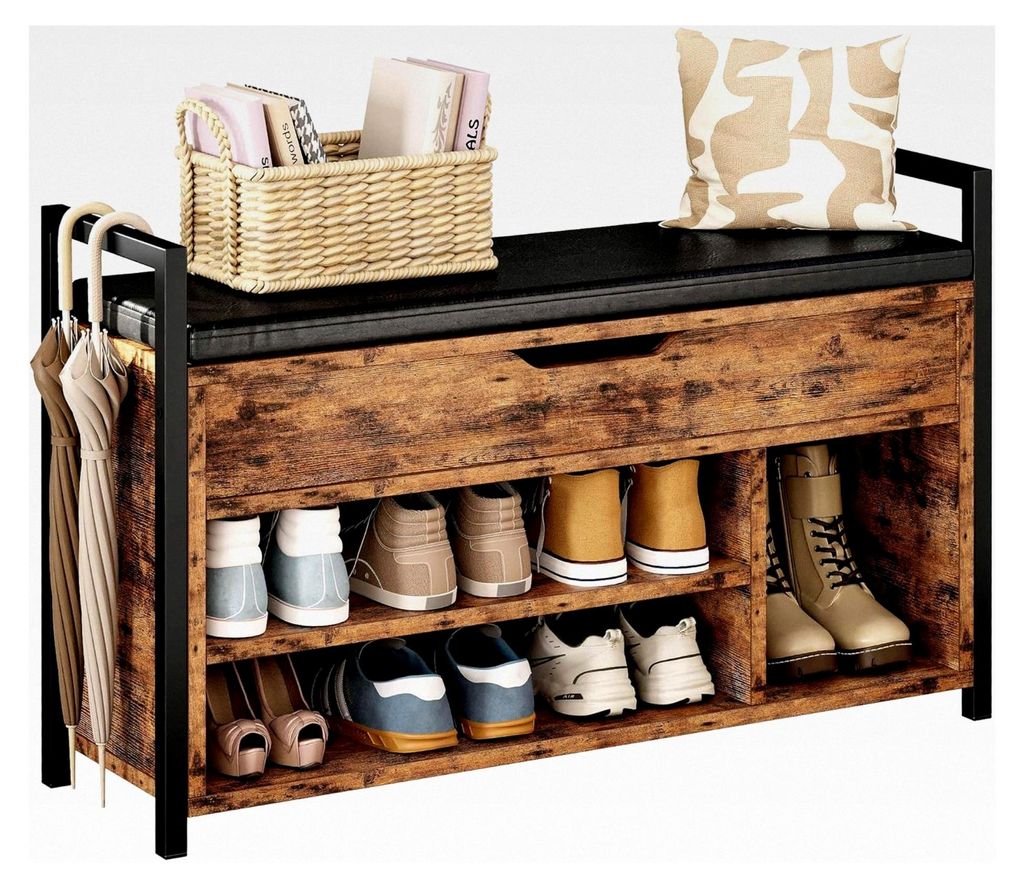 Sitzbank mit Stauraum, Schuhschrank, 100x30x62cm, 3 offene Fächer, Kunstleder, 130kg belastbar, Schuhregal für Eingang, Flur, Wohnzimmer, Schlafz...