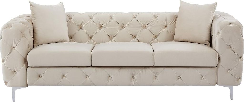 3-Sitzer Chesterfield-Sofa aus beigem Velours - EDWINA