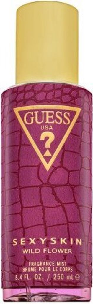 A close-up studio shot of a bottle of Guess Sexy Skin Wild Flower fragrance mist.