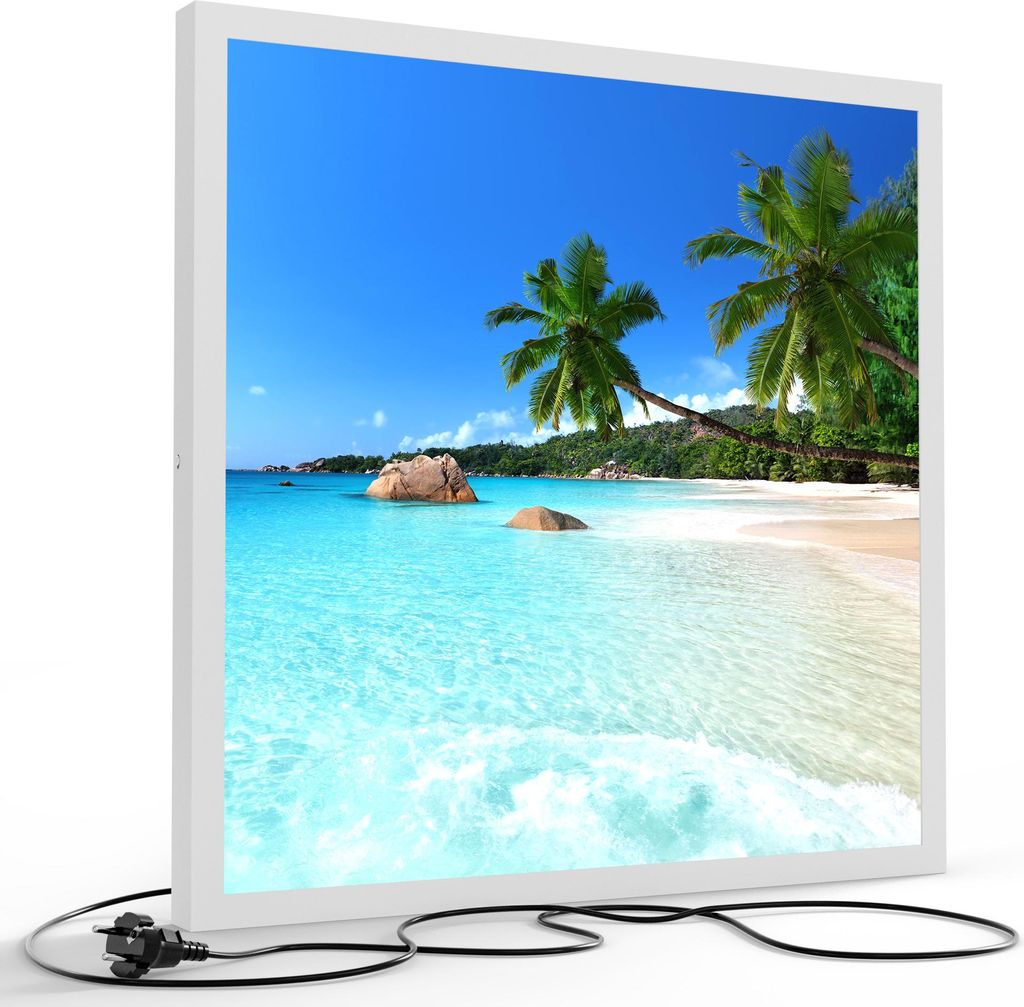 DEQORI LED-Bild & Lampe 60x60 cm Weiß 'Bilderbuchstrand' Leuchtbild LED Wandbild Leuchte