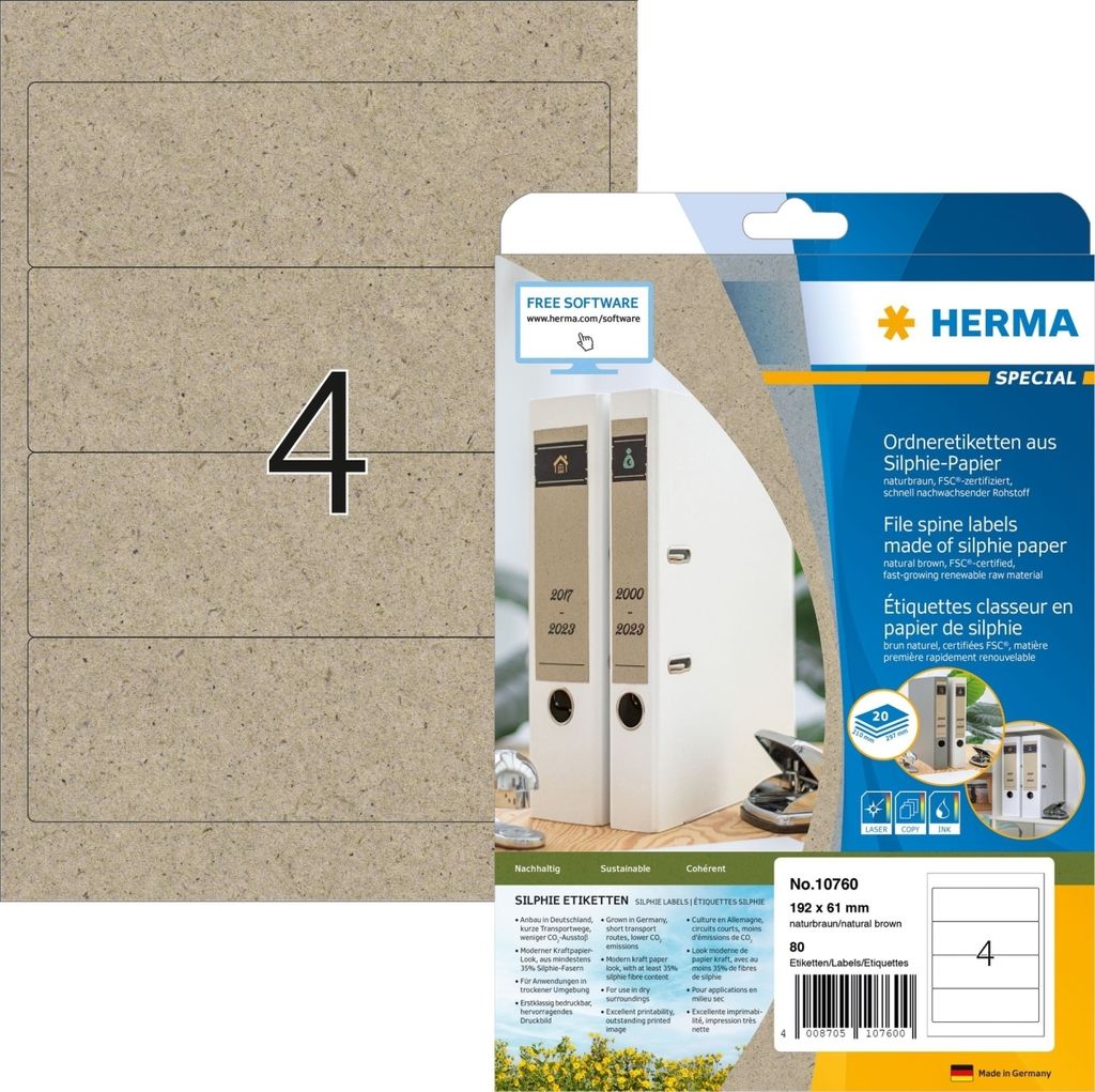 Ordneretiketten Silphie-Papier A4 192x61mm naturbraun VE=32x20 Blatt/80 Stück