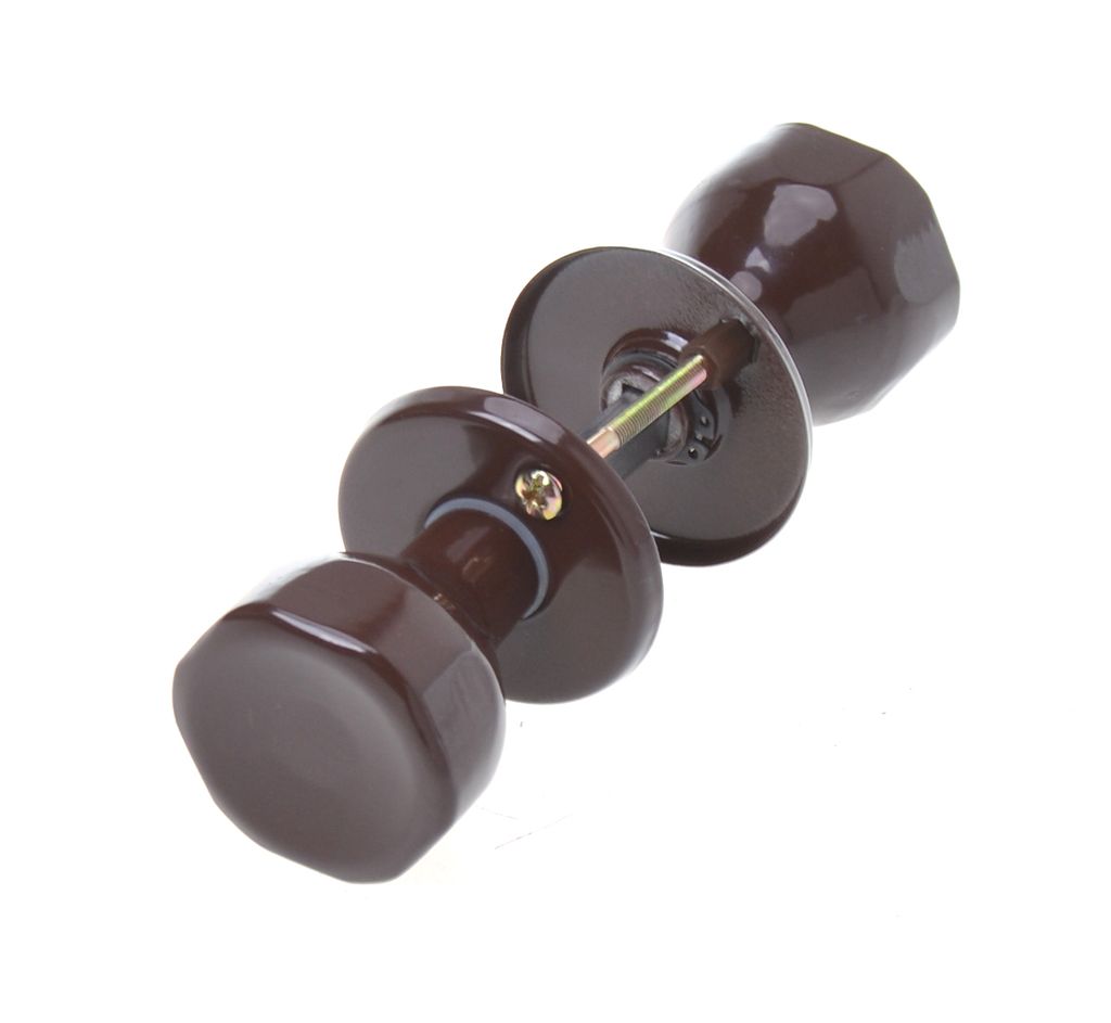 A brown door knob set is shown against a white background.