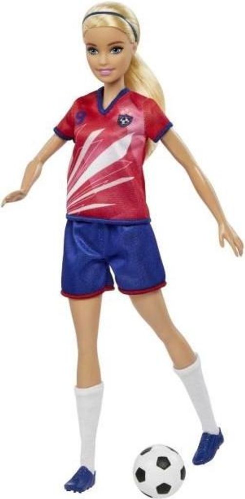 Barbie Fußballerin Puppe, Rotes und Weißes Trikot Nr. 9, Blonde Haare Pferdeschwanz, Inklusive Fußball