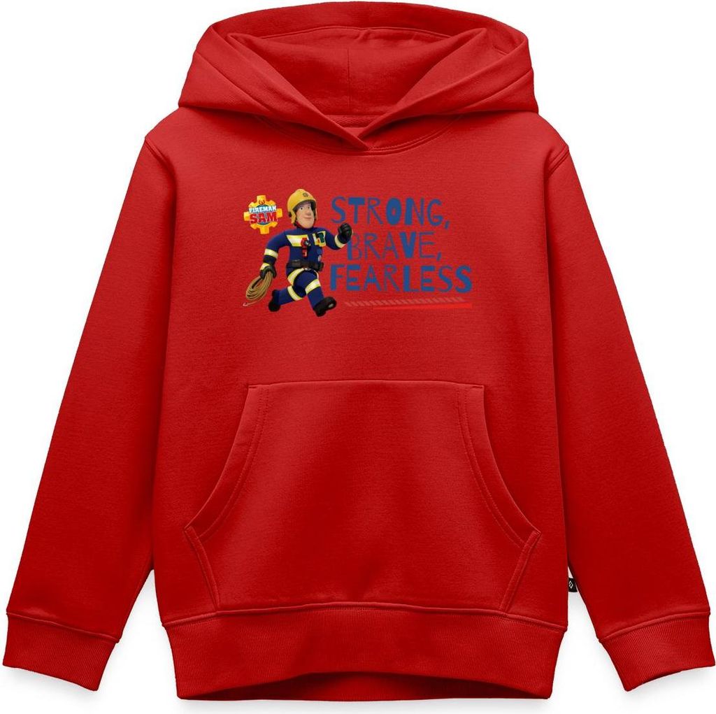 Spreadshirt Feuerwehrmann Sam Strong, Brave, Fearless Kinder Premium Hoodie, 134/140 (8 Jahre), Rot