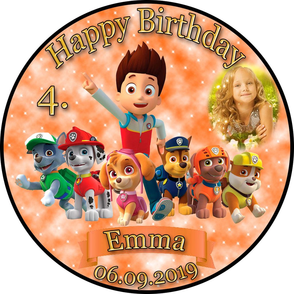 Tortenaufleger Fototorte Tortenbild Kindergeburtstag Paw Patrol PP02 (Zuckerpapier) Rund 20 cm Ø mit Banner & Foto Orange