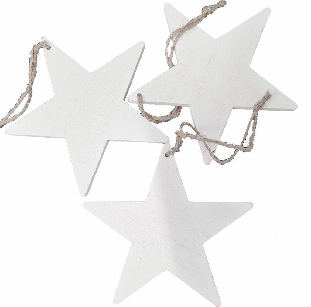 Holzsterne "Shabby-Weiß"- zum Aufhängen 15cm, 10er Set mit Juteschnur 42605-045