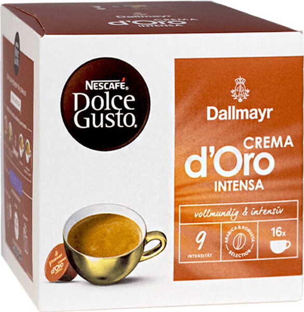 A box of Nescafé Dolce Gusto Dallmayr Crema d'Oro Intensa coffee capsules.