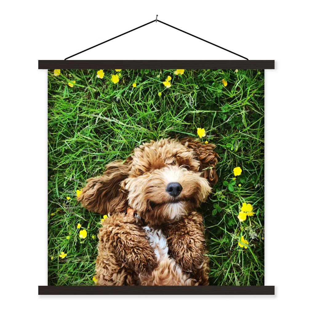 MuchoWow Textilposter Welpe im Gras liegend 60x60 cm mit schwarzem Rahmen - Posteraufhänger