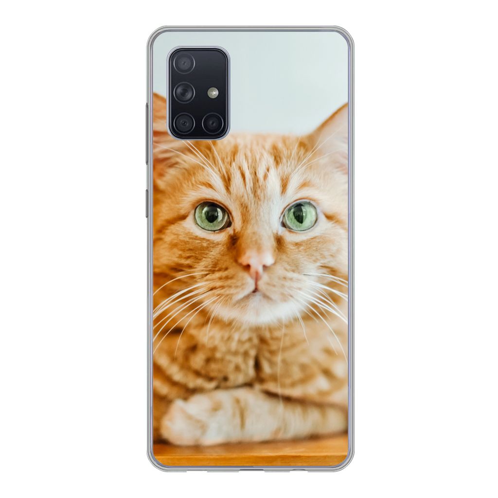 MuchoWow Handyhülle Schutzhülle Hülle für Samsung Galaxy A51 Katze - Holz - Schrank Silikon Softcase Handy Hülle - Schutzabdeckung