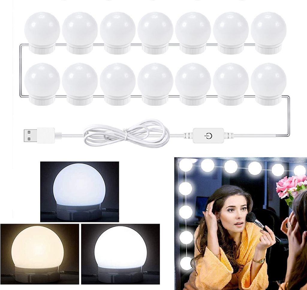 14 LED Spiegelleuchte mit 3 Farbe, Hollywood-Stil Dimmbar Produktbild 