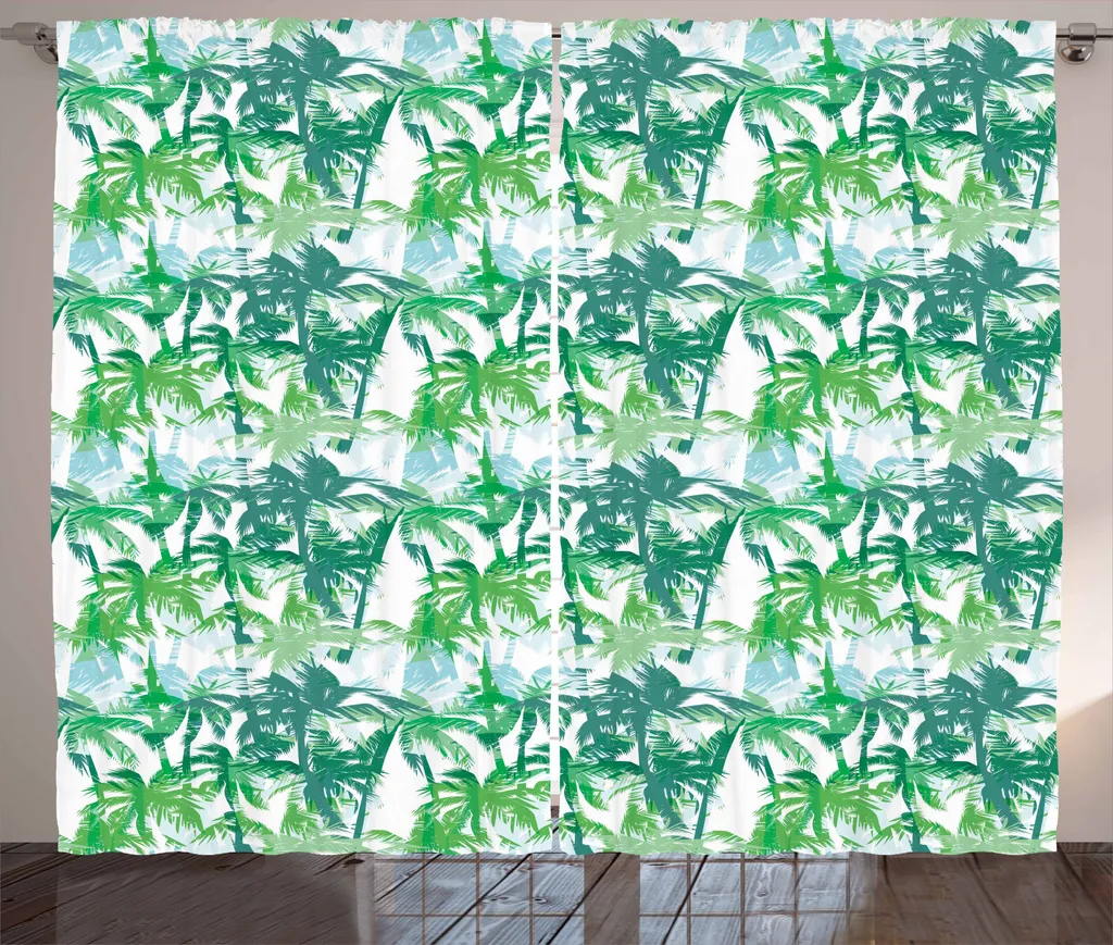Rideaux de Salon Imprimé Tropical Jungle Vert Forêt 280x225 cm avec Attaches