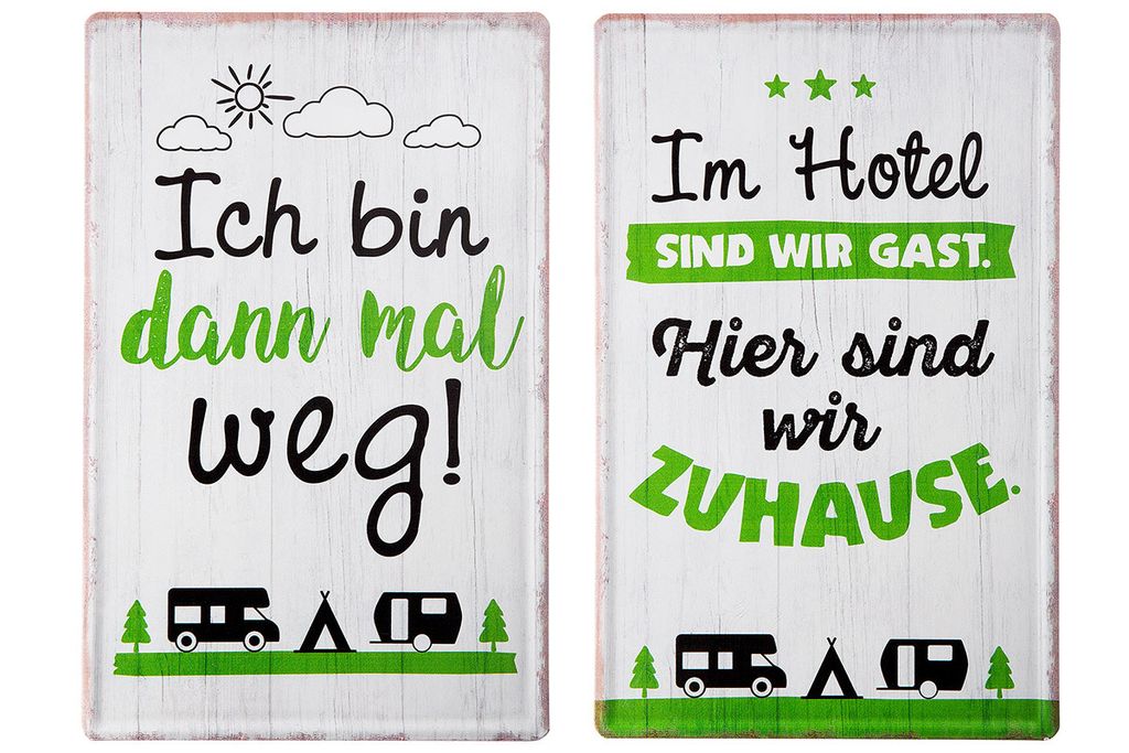 Gilde Schild, rechteckig, "Camping", Spruch, Metall, creme, grün, B. 19 cm, H. 30 cm 67474 4063387674741 2 Stück (2-fach sortiert)