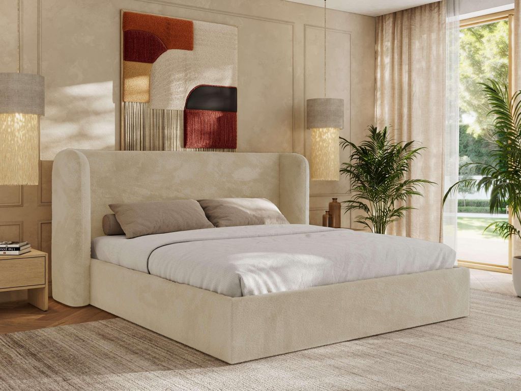 MKS MEBLE Doppelbett Polsterbett EMORA CLASSIC Bett Holzgestell hohes Kopfteil Multipocket Matratze ELORI LUX 140x200 Creme Plüsch