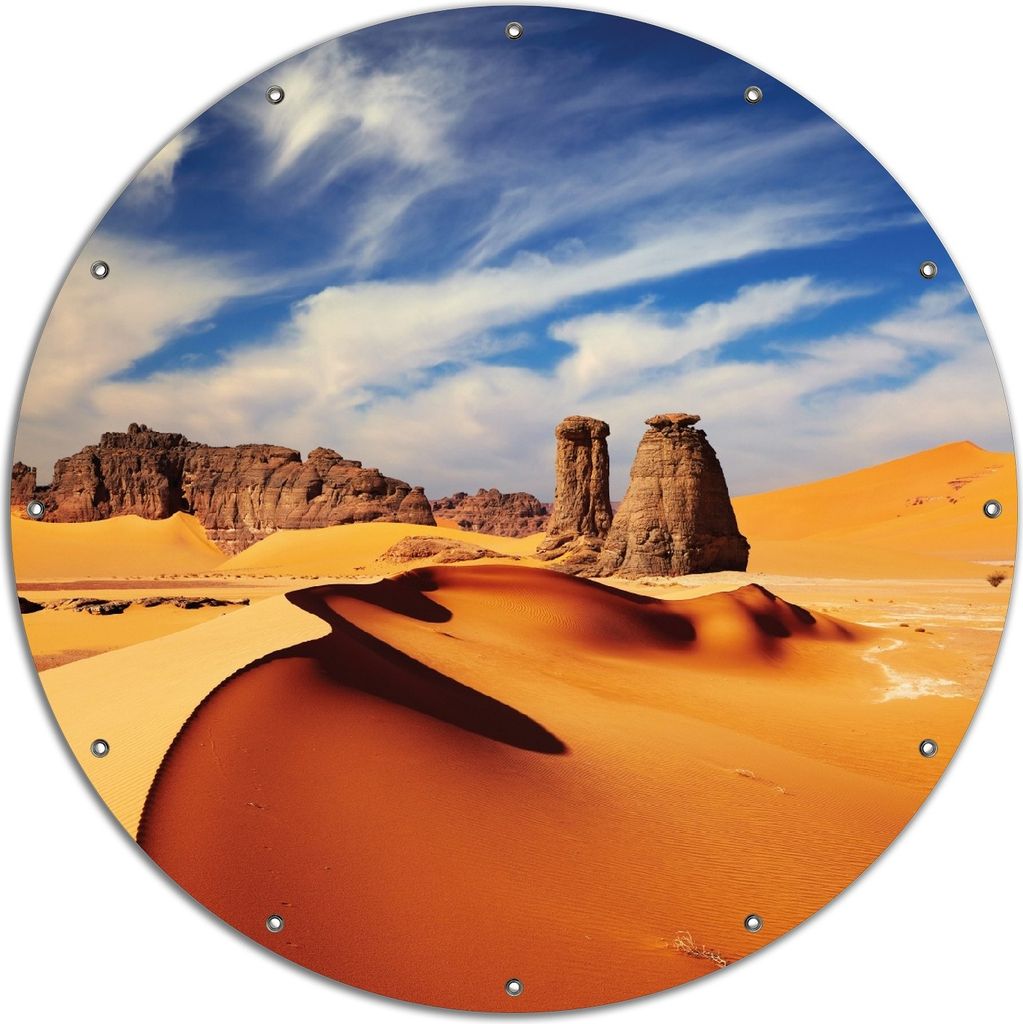 Wallario rundes Outdoor-Poster für Garten oder Balkon, Motiv Felsen und Sand in der Sahara Wüste, 120 cm Durchmesser