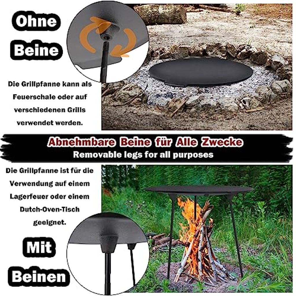 NAIZY Gusseisen Grillpfanne Abnehmbar mit 3 Beinen, Ø45cm Rund Dreibein Gusseisen BBQ Grillplatte mit Griff, Dutch Oven Grillwanne Grillzubehör F...