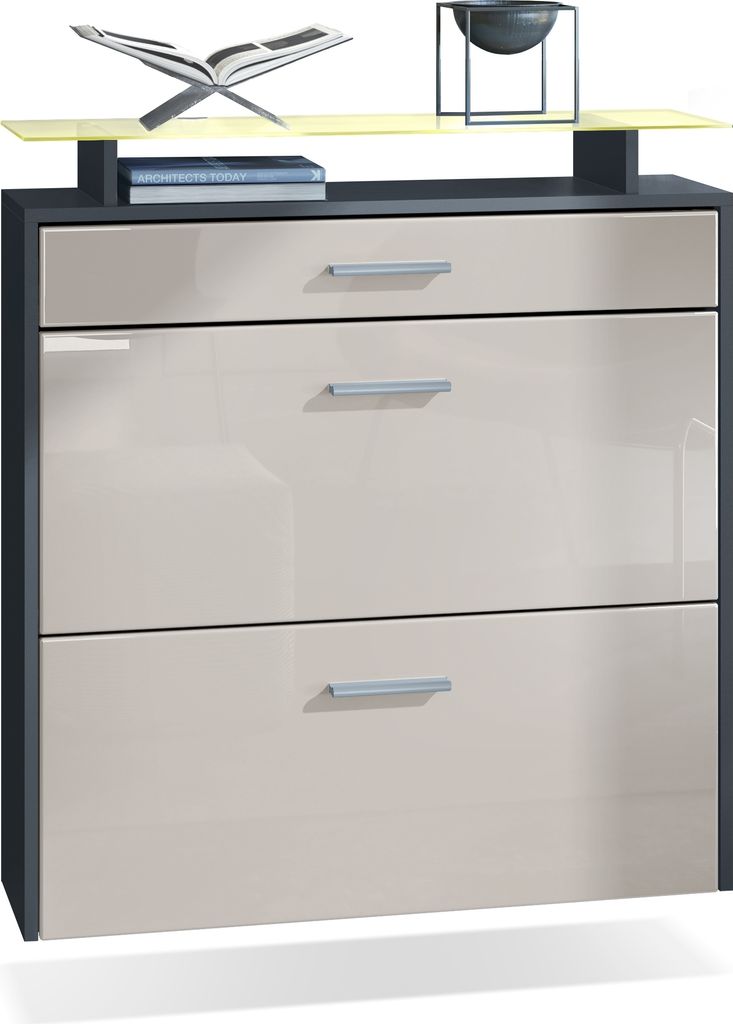 Vladon Schuhschrank Malea, Anthrazit matt/Sandgrau Hochglanz inkl. LED - hängender Schuhkipper für 16 Paar Schuhe (89 x 96 x 23 cm)