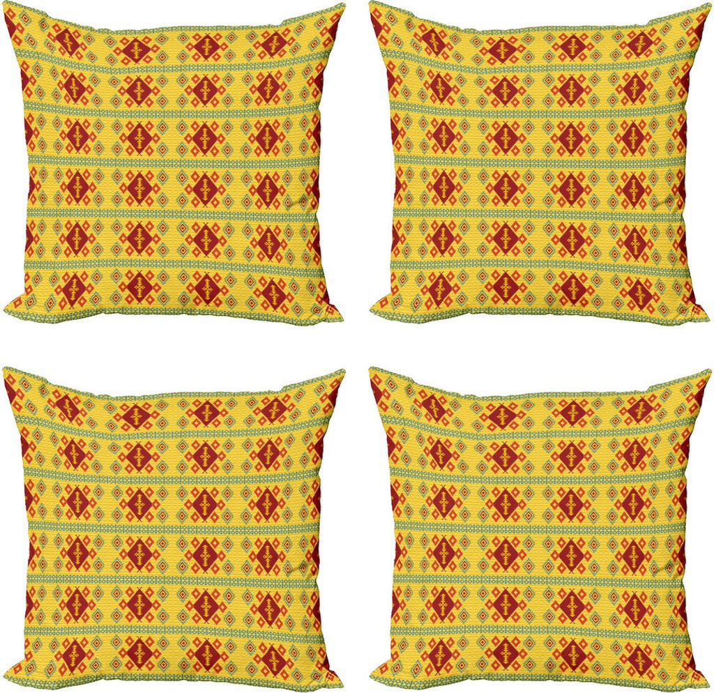 ABAKUHAUS Einheimische Kissenbezug Set (4 Stück), Rauten, Moderner Doppelseitiger Digitaldruck, 50 cm x 50 cm, Gelb Orange und Rot