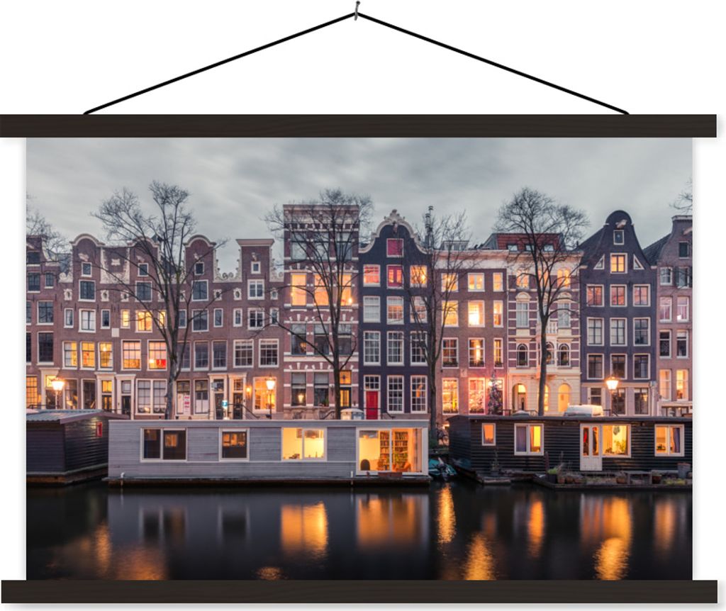 MuchoWow Textilposter Licht - Haus - Amsterdam 90x60 cm mit schwarzem Rahmen - Aufhängungssatz