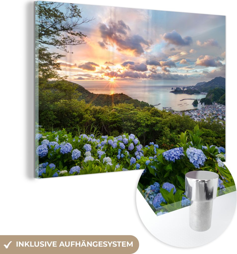 MuchoWow Glasbilder - Bilder auf Wandbild - Foto auf Glas Hortensienblüten im Sonnenuntergang 120x80 cm Wanddekoration aus Glas - Acrylglasbild - ...